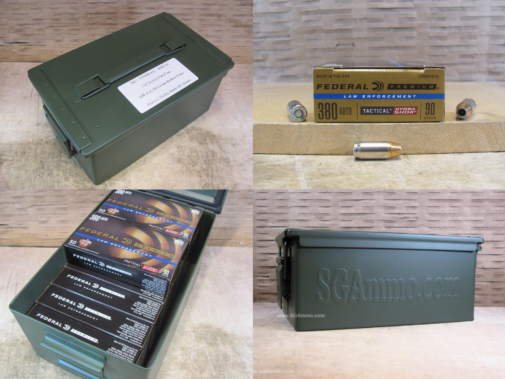 500 Round Flat Can - 380 Auto Federal Hydra Shok LE 90 Grain Hollow Point Ammo - P380HS1G - Packed in Metal Canister