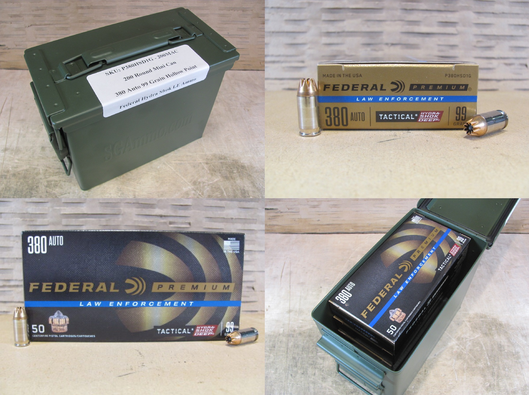 200 Round Can - 380 Auto 99 Grain Hollow Point Federal Hydra Shok LE Ammo - P380HSD1G - Packed in Mini Canister