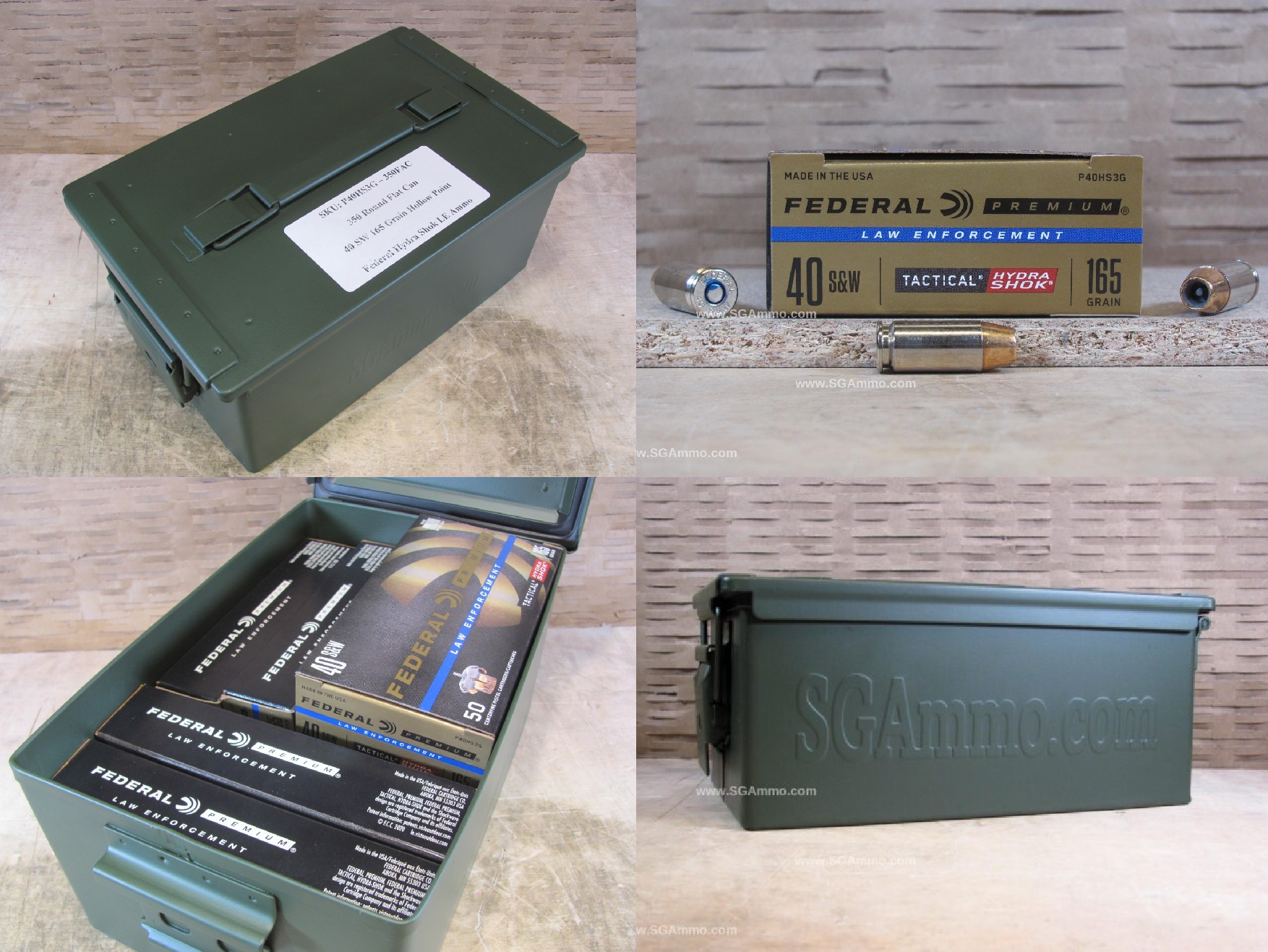 350 Round Flat Can - 40 SW Caliber Federal Hydra Shok LE 165 Grain Ammo - P40HS3G - Packed in Metal Canister