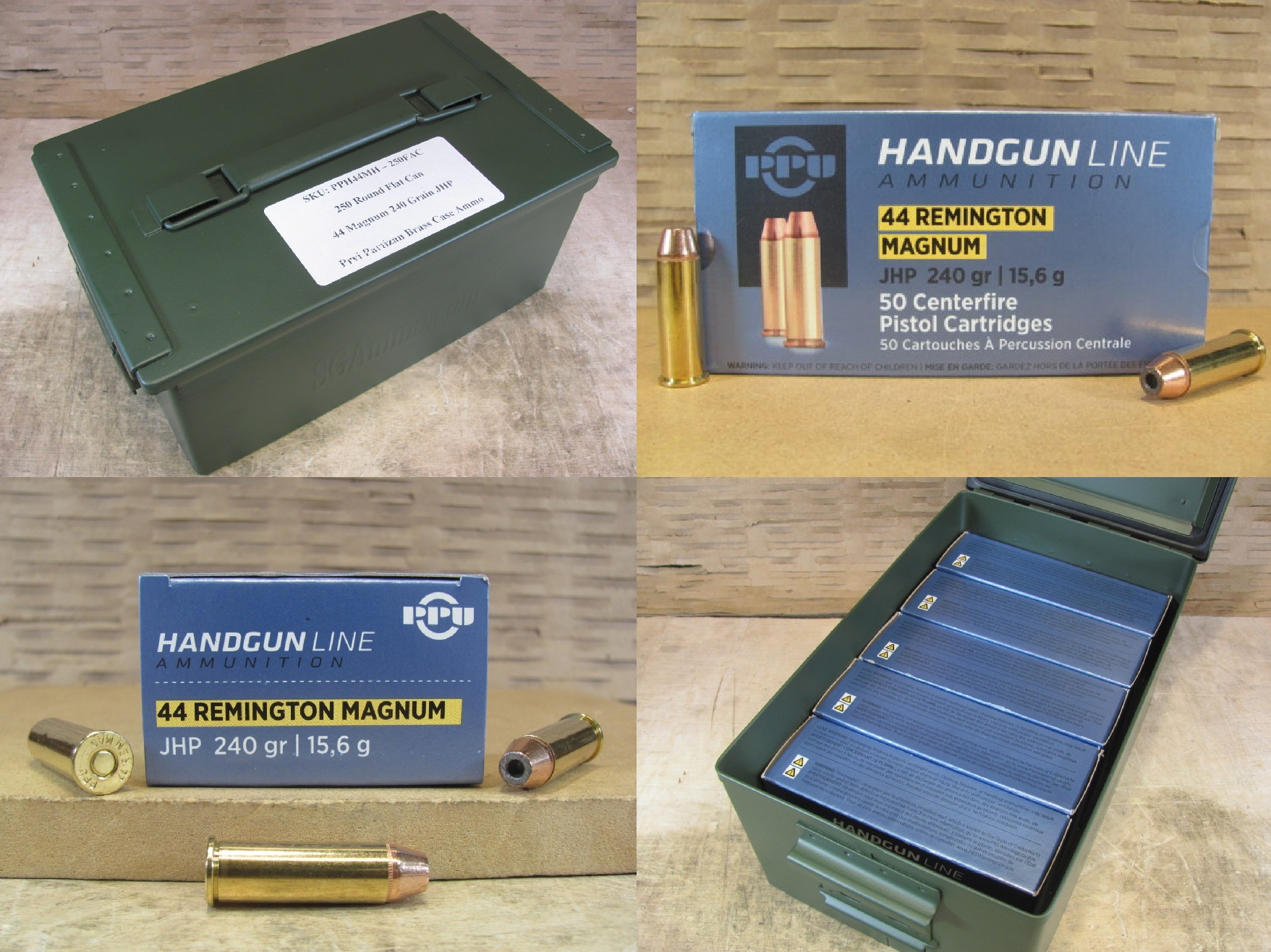 250 Round Flat Can - 44 Magnum 240 Grain JHP Hollow Point Prvi Partizan Ammo PPH44MH - Packed in Metal Canister
