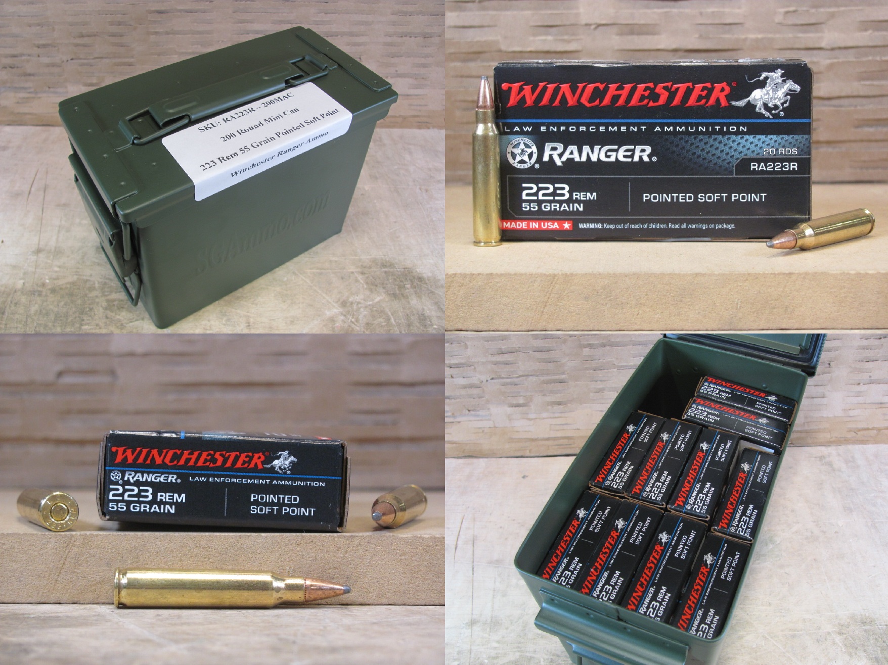200 Round Can - 223 Rem 55 Grain Pointed Soft Point Winchester Ranger Ammo - RA223R - Packed in Mini Ammo Canister