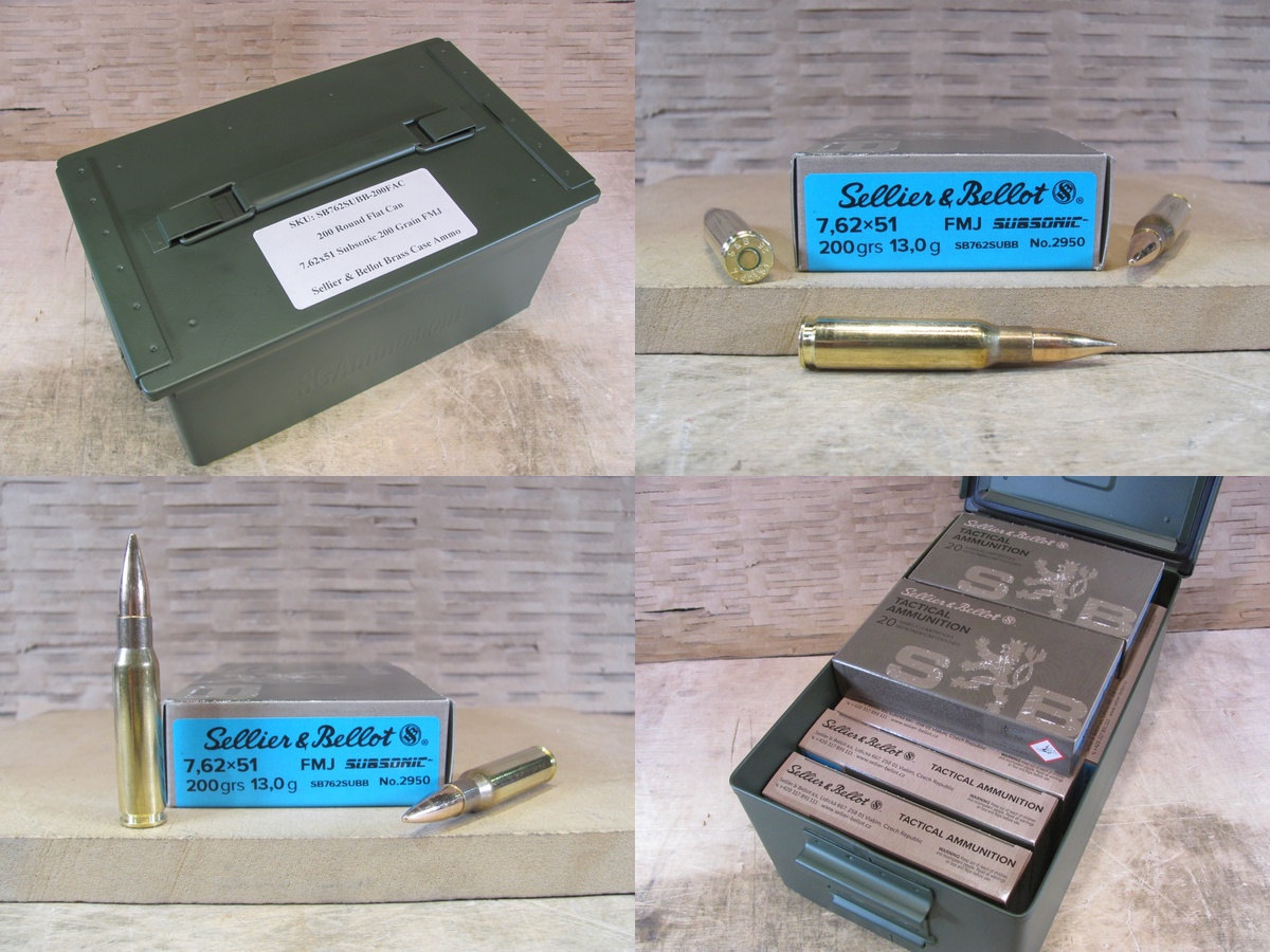200 Round Flat Can - 7.62x51 Subsonic 200 Grain FMJ Sellier Bellot Ammo - SB762SUBB - Packed in Metal Canister - PLEASE READ DESCRIPTION