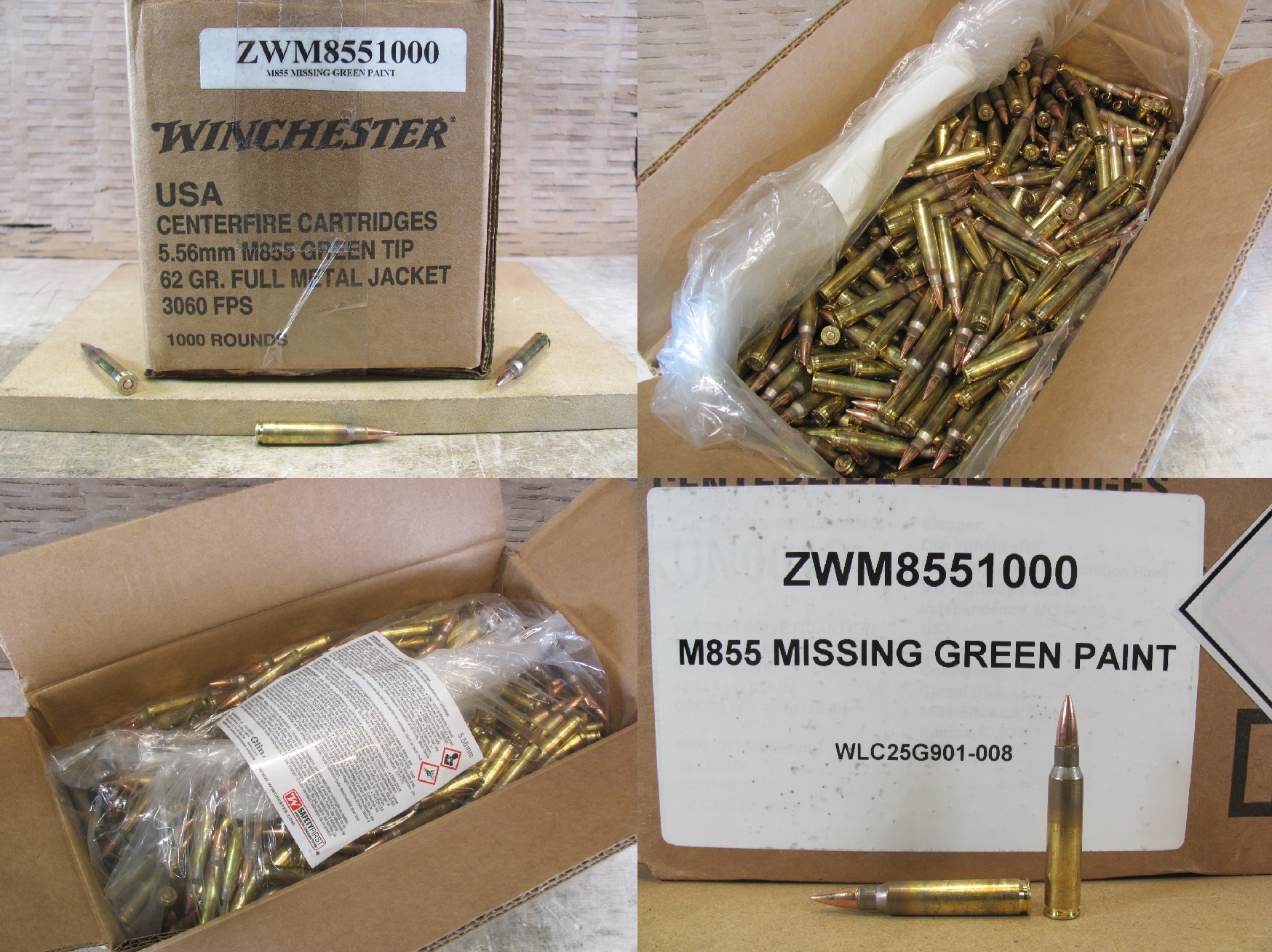 1000 Round Case - Winchester 5.56mm 62 Grain FMJ M855 Steel Core Lake City Ammo - NO GREEN PAINT - ZWM8551000 - SP21114