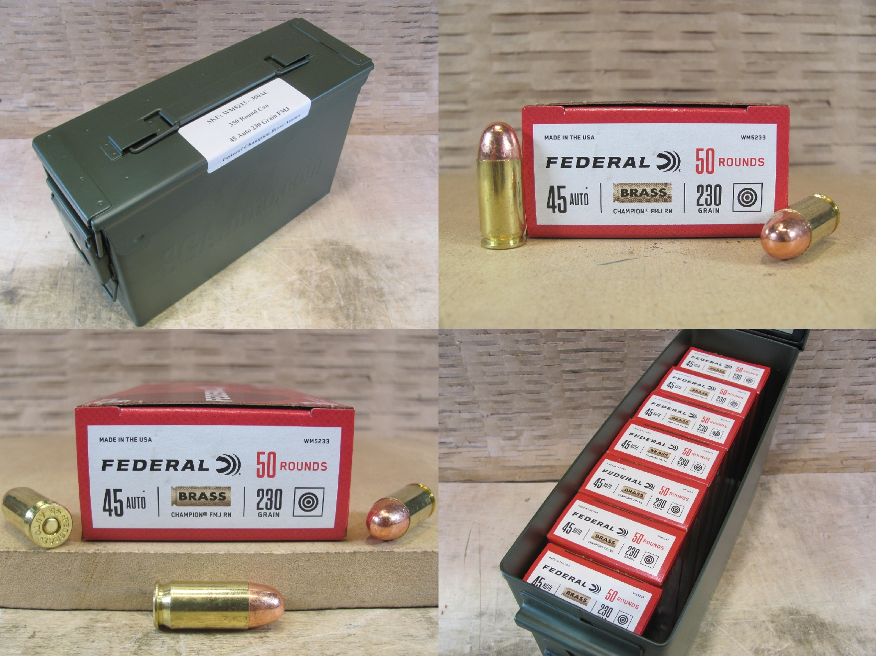 350 Round Can - 45 Auto 230 Grain FMJ Federal Champion Brass Case Ammo – WM5233 - Packed in M19A1 Canister