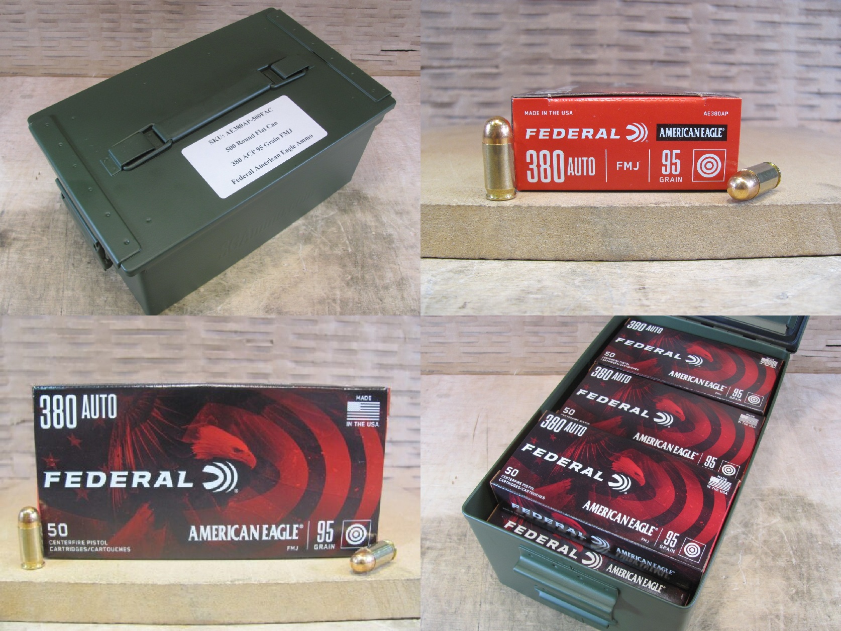 500 Round Flat Can - 380 ACP Federal American Eagle 95 Grain FMJ Ammo - AE380AP - Packed in Metal Canister